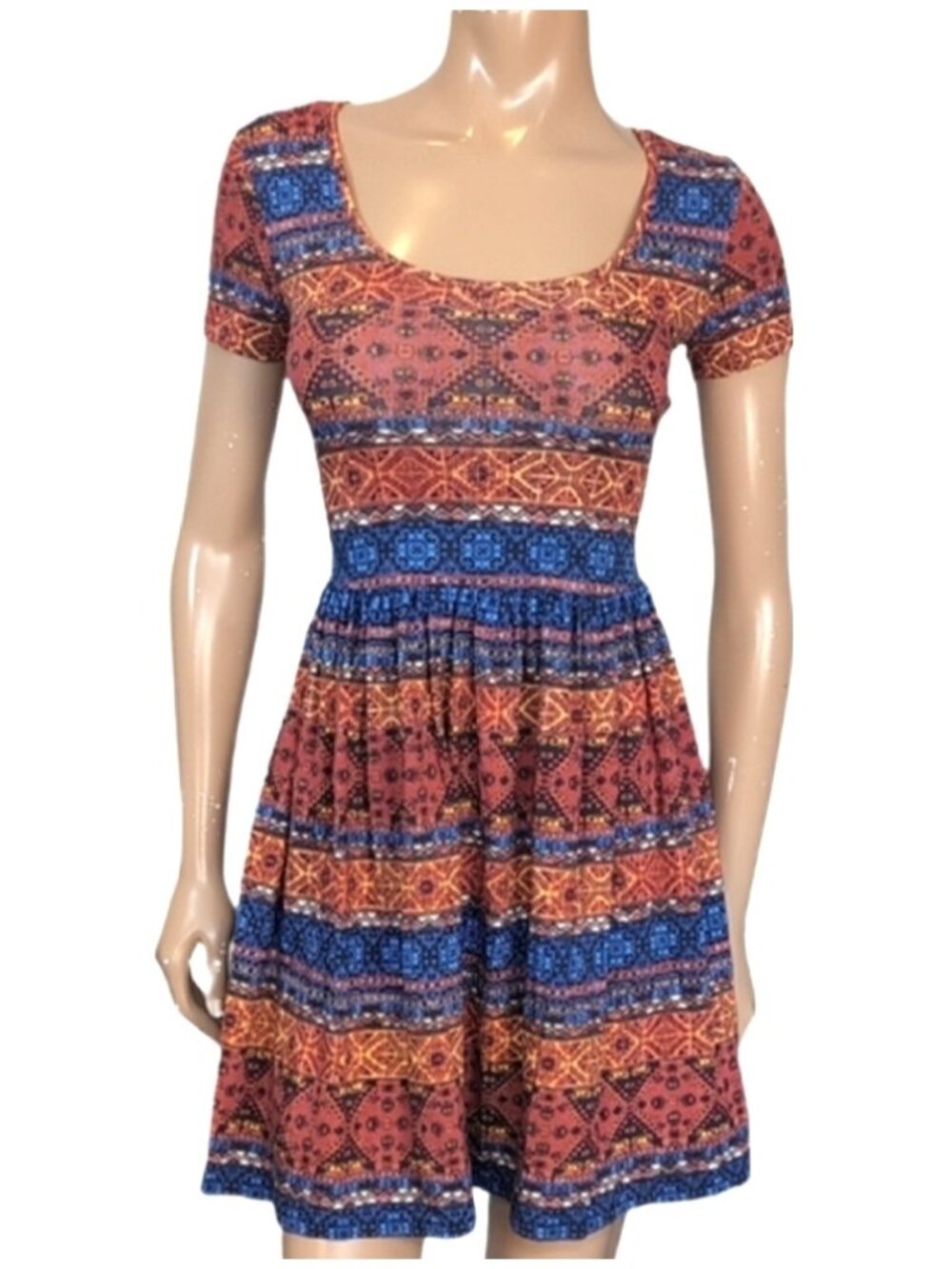 Forever 21 Fit & Flare Mini Dress Womens Size Small Orange Blue Cut Out Boho